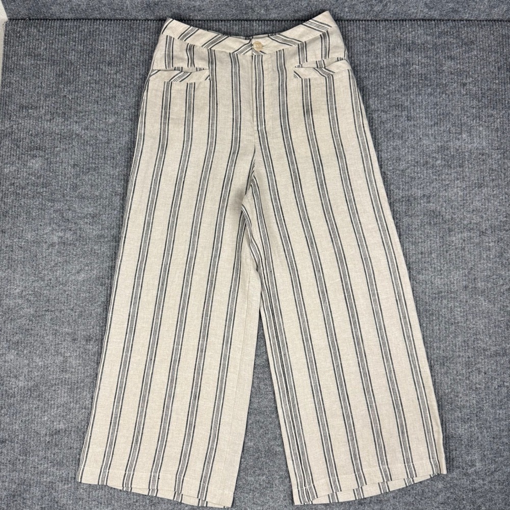 mare mare Pants Womens L Anthropologie 100% Linen Striped Wide Leg High Rise - Picture 1 of 10